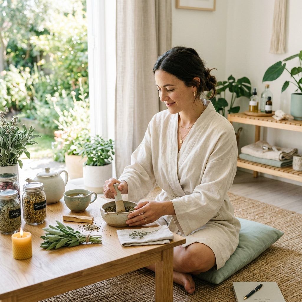 Peaceful woman practicing herbal wellness
